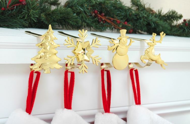 MantleClip Stocking Hangers with Decoration - Set of 4 Gold Finish